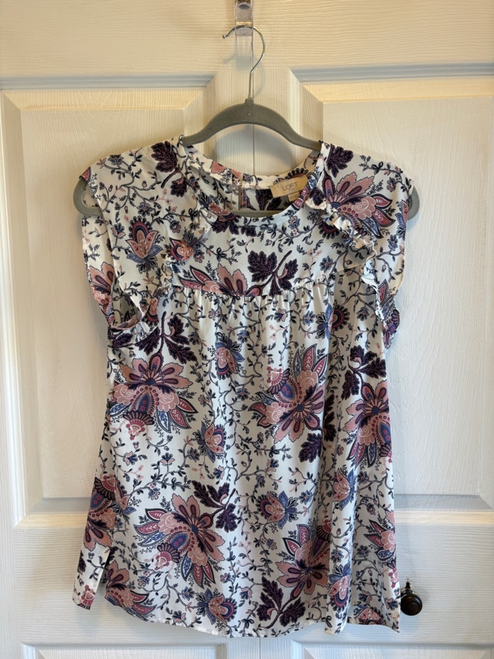 LOFT White Floral Cap Sleeve Top with Pink & Purple Blooms